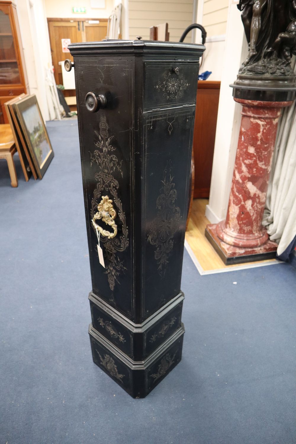 A late 19th century French ebonised floor standing stereoscopic photo viewer, width 26cm, depth 27cm, height 119cm